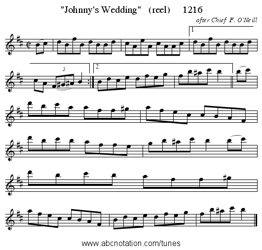 Johnny's Wedding   (reel)     1216 - staff notation