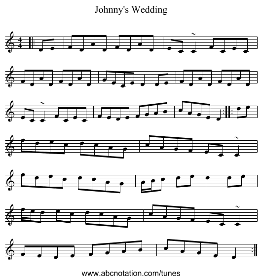 Johnny's Wedding - staff notation