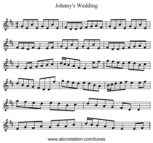 Johnny's Wedding - staff notation