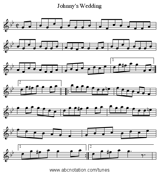 Johnny's Wedding - staff notation