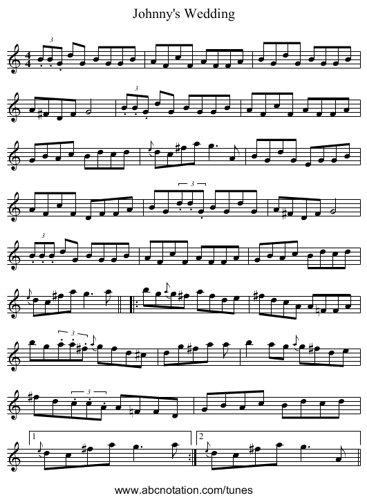 Johnny's Wedding - staff notation