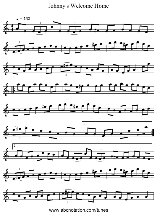 Johnny's Welcome Home - staff notation
