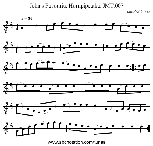 John's Favourite Hornpipe,aka. JMT.007 - staff notation