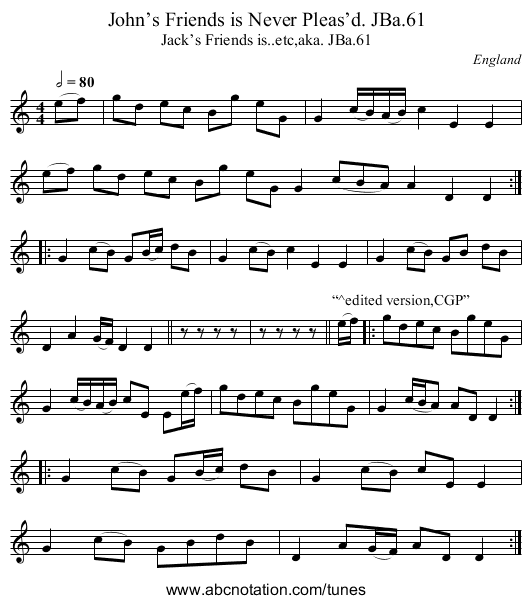 John’s Friends is Never Pleas’d. JBa.61 - staff notation