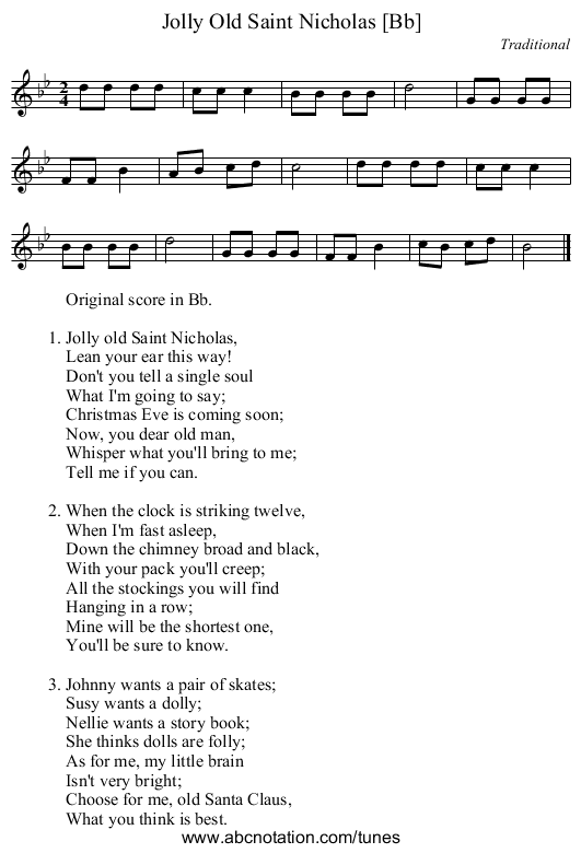 Jolly Old Saint Nicholas [Bb] - staff notation
