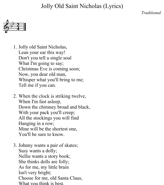 Jolly Old Saint Nicholas (Lyrics) - staff notation