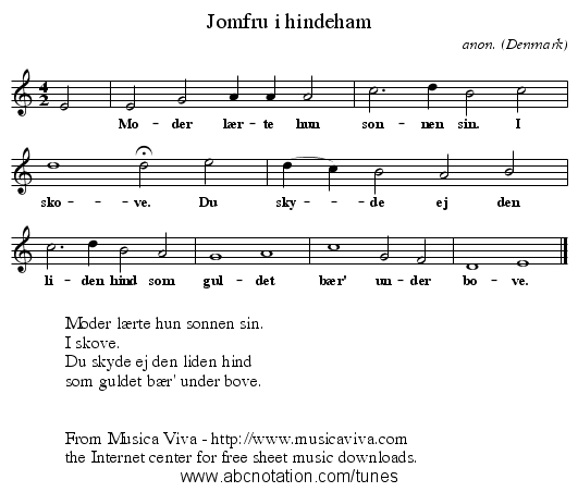 Jomfru i hindeham - staff notation