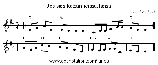 Jos sais kerran reissullansa - staff notation