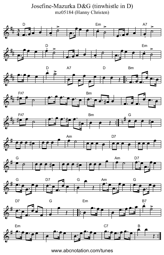 Josefine-Mazurka D&G (tinwhistle in D) - staff notation