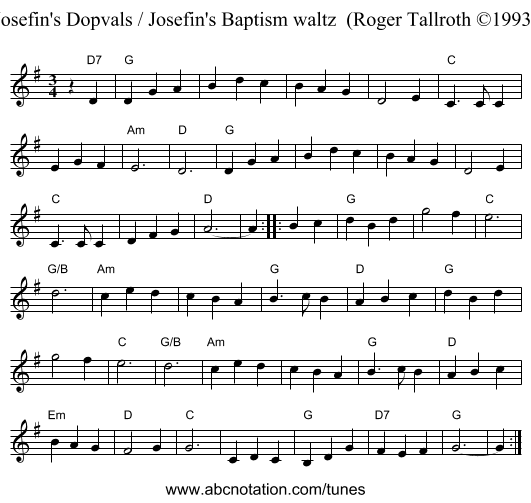 Josefin's Dopvals / Josefin's Baptism waltz  (Roger Tallroth &copy;1993) - staff notation