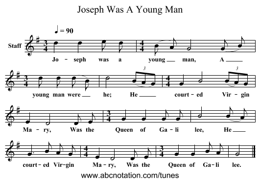 Joseph Was A Young Man - staff notation