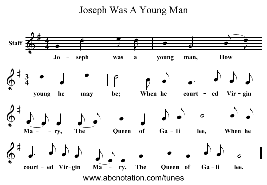 Joseph Was A Young Man - staff notation