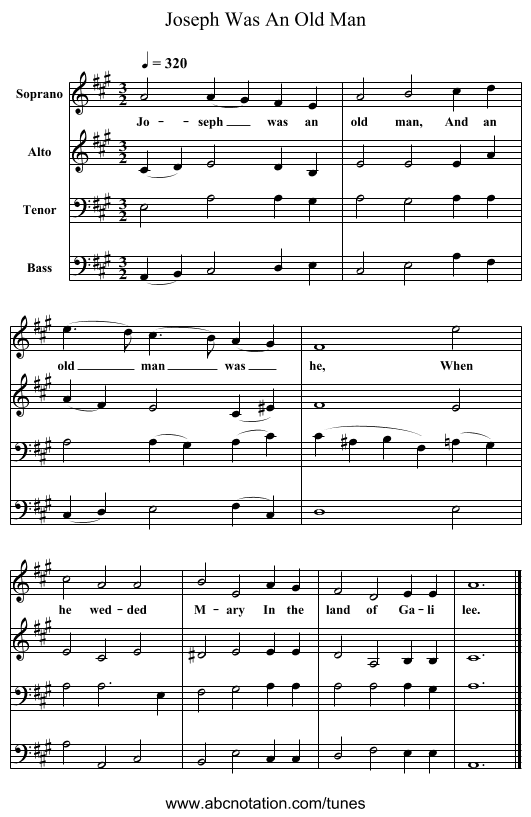 Joseph Was An Old Man - staff notation