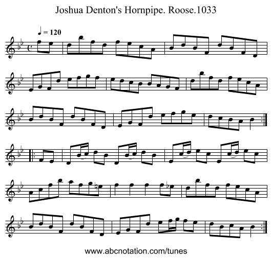 Joshua Denton's Hornpipe. Roose.1033 - staff notation