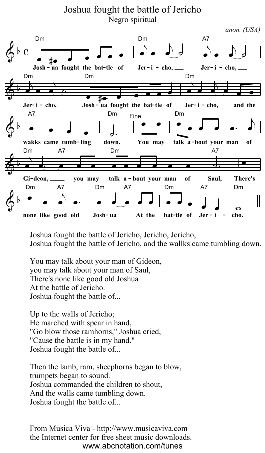 Joshua fought the battle of Jericho - staff notation