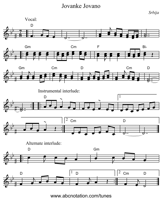 Jovano, Jovanke - staff notation