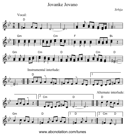 Jovano, Jovanke - staff notation