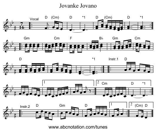 Jovano, Jovanke - staff notation