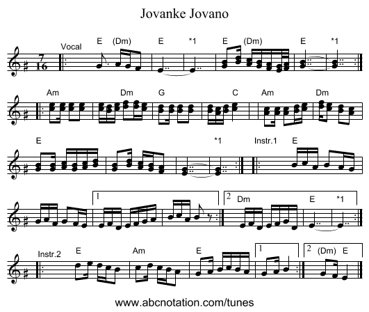 Jovano, Jovanke - staff notation