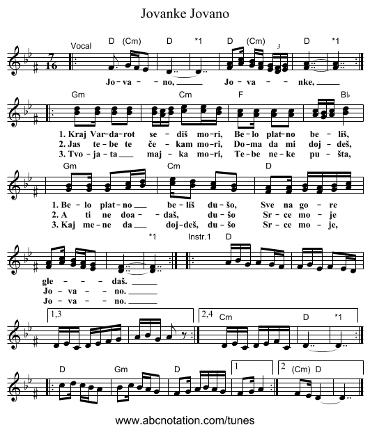 Jovano, Jovanke - staff notation