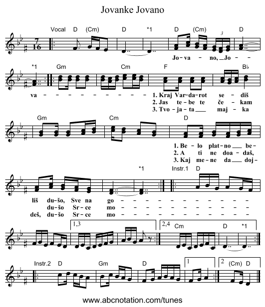 Jovano, Jovanke - staff notation