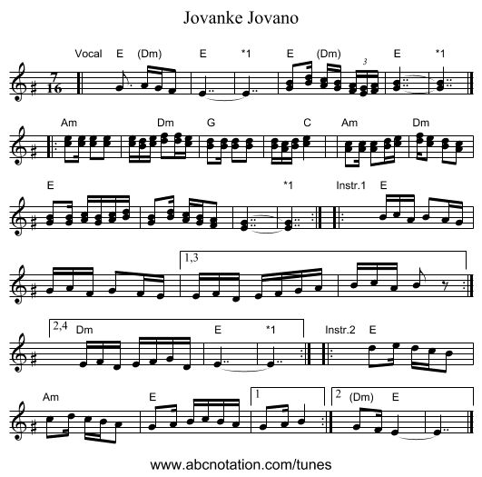 Jovano, Jovanke - staff notation