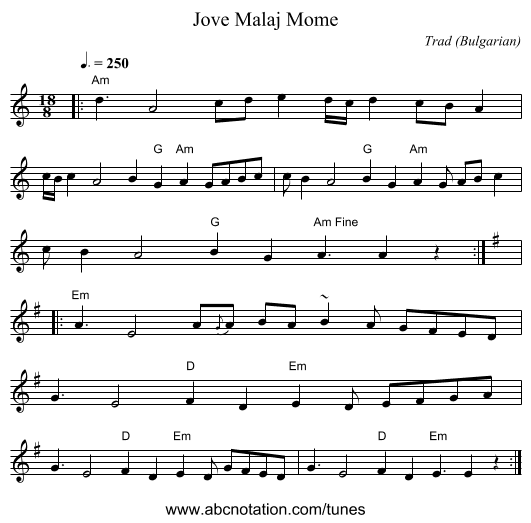 Jove Malaj Mome - staff notation