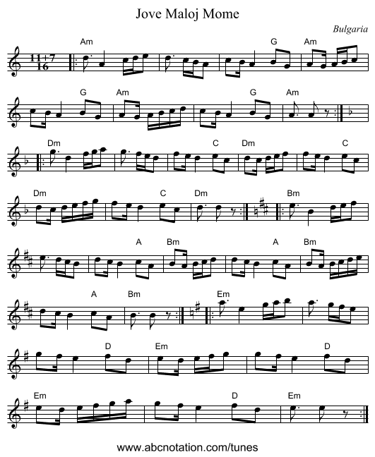 Jove Maloj Mome - staff notation