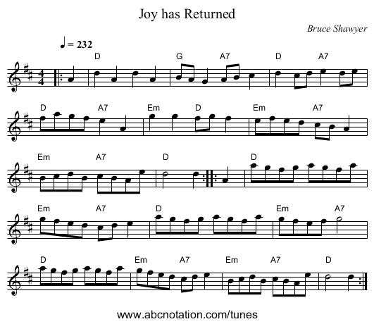 Joy has Returned - staff notation