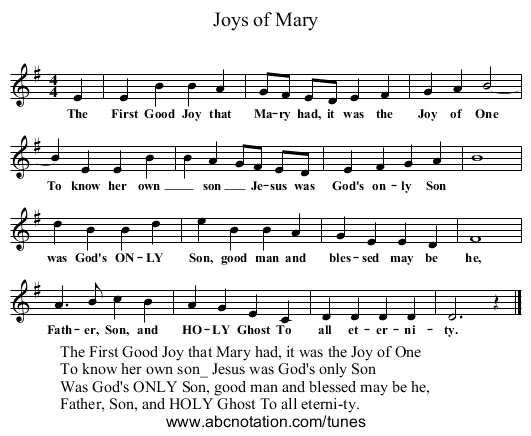 Joys of Mary - staff notation