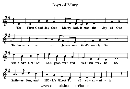 Joys of Mary - staff notation