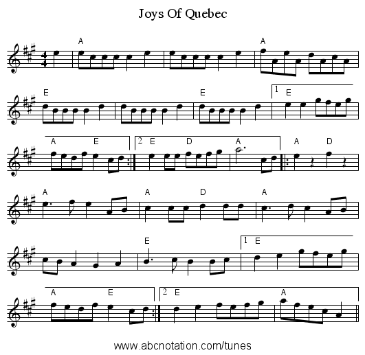 Joys Of Quebec - staff notation