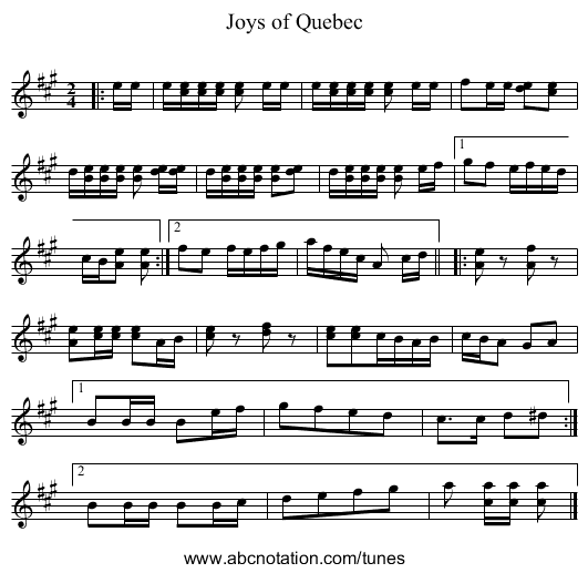 Joys of Quebec - staff notation
