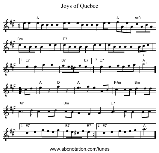 Joys of Quebec - staff notation
