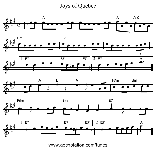 Joys of Quebec - staff notation