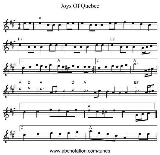 Joys Of Quebec - staff notation