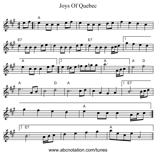 Joys Of Quebec - staff notation