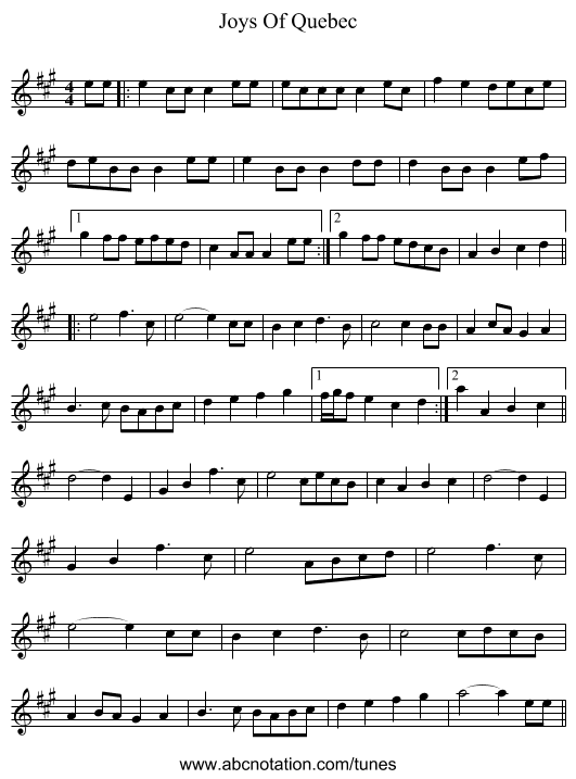 Joys Of Quebec - staff notation