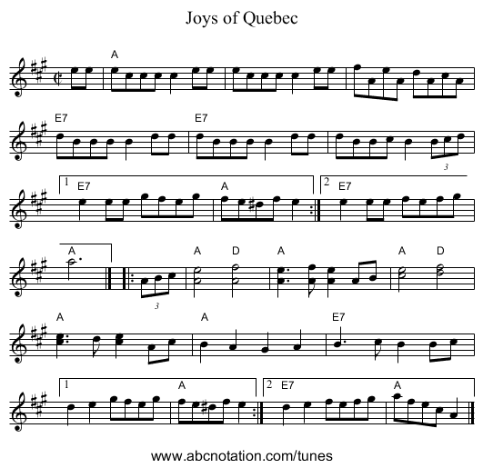 Joys of Quebec - staff notation
