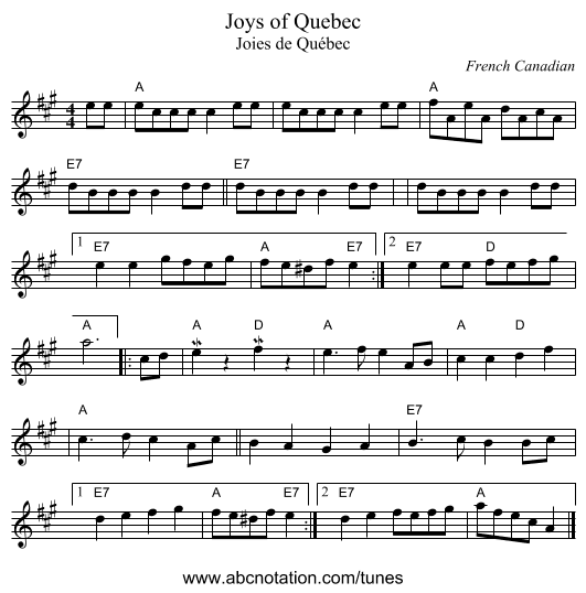Joys of Quebec - staff notation