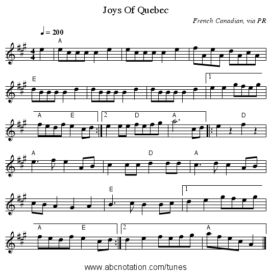 Joys Of Quebec - staff notation