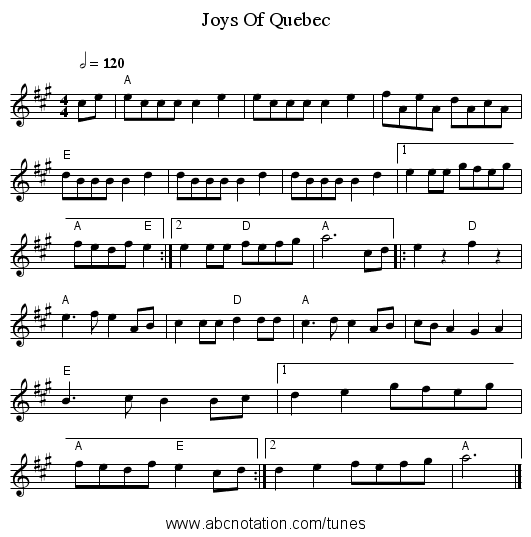Joys Of Quebec - staff notation