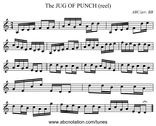 JUG OF PUNCH (reel), The - staff notation