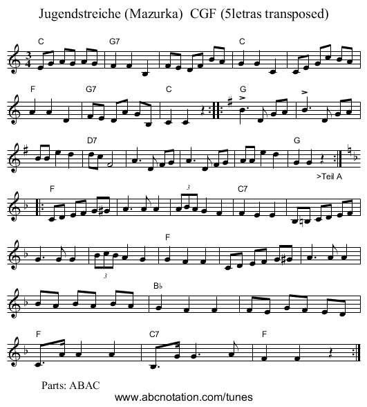 Jugendstreiche (Mazurka)  CGF (5letras transposed) - staff notation