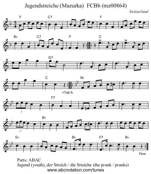 Jugendstreiche (Mazurka)  FCBb (mz00864) - staff notation