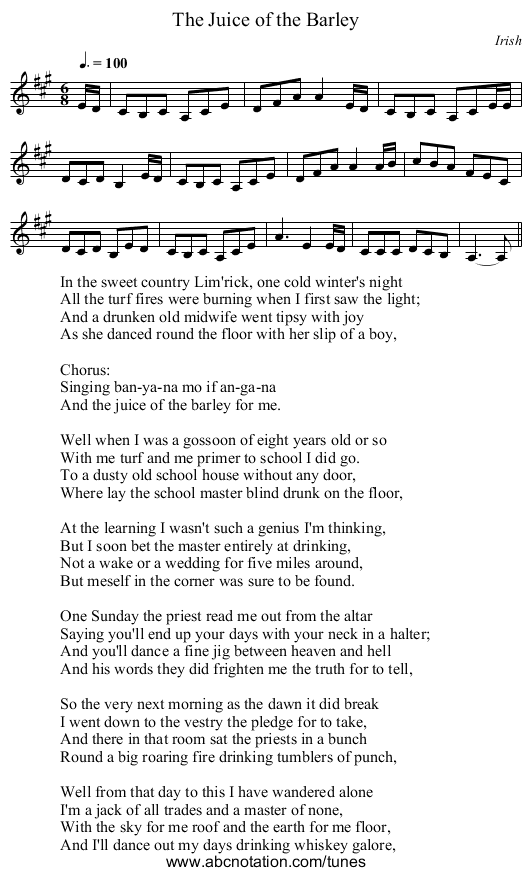 Juice of the Barley, The - staff notation