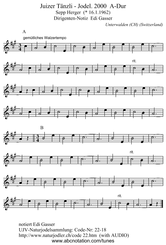 Juizer Tänzli - Jodel. 2000 A-Dur - staff notation