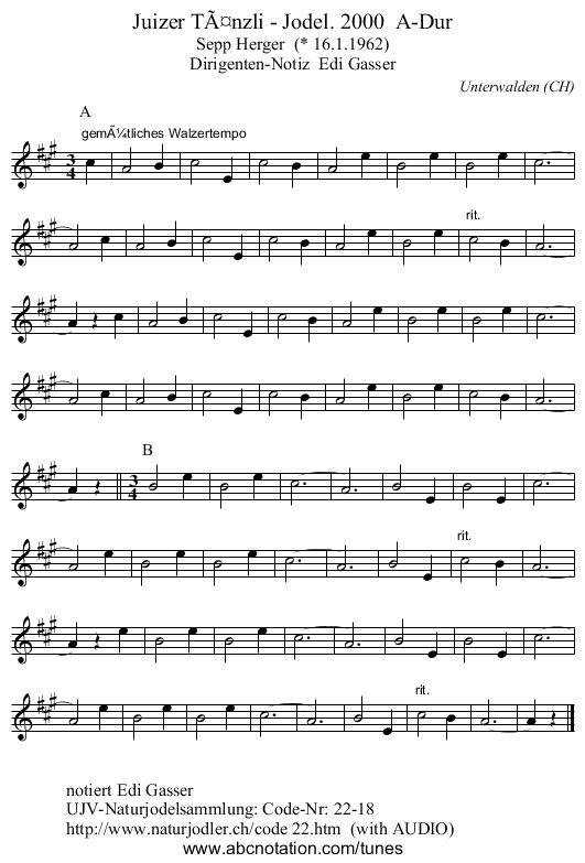 Juizer Tänzli - Jodel. 2000 A-Dur - staff notation