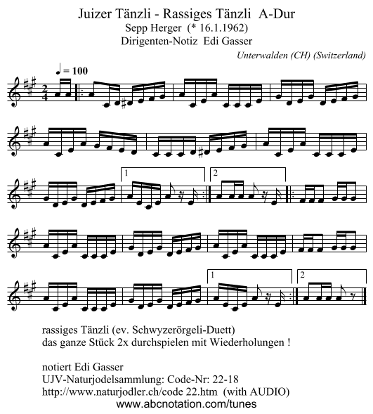 Juizer Tänzli - Rassiges Tänzli A-Dur - staff notation