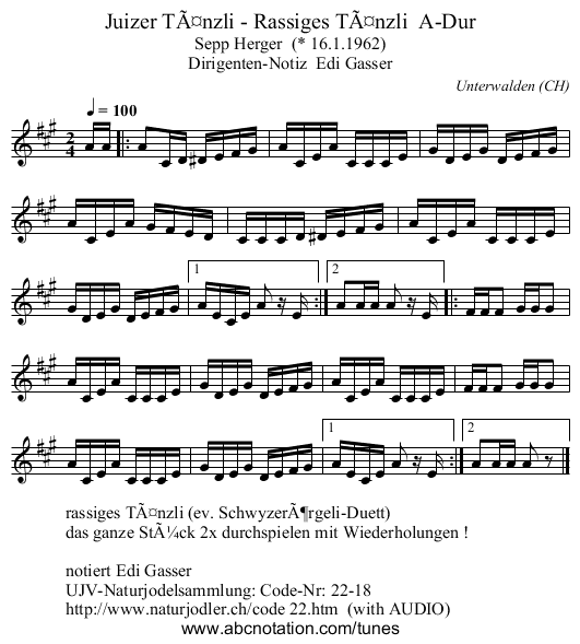 Juizer Tänzli - Rassiges Tänzli A-Dur - staff notation